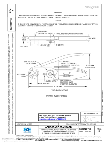 SAE AS22520/1B-2019  Crimping Tools, Type I, Terminal, Hand, Wire Termination For Wire Barrel Sizes 12 Through 22 And Coaxial Inner Contacts