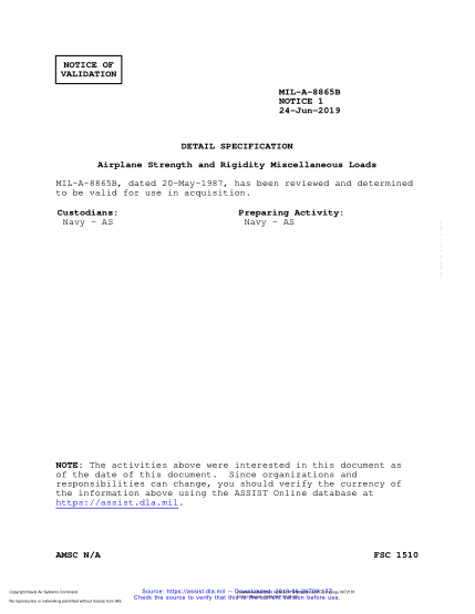 NAVY MIL-A-8865B VALID NOTICE 1-2019  Airplane Strength And Rigidity Miscellaneous Loads