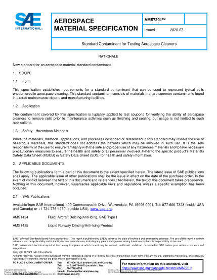 SAE AMS7201-2020  Standard Contaminant For Testing Aerospace Cleaners