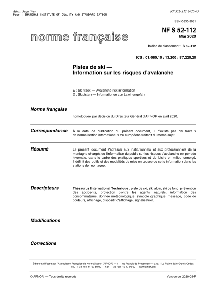 NF S52-112-2020  Ski track - Avalanche risk information