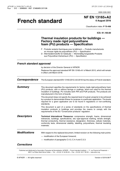 NF P75-406-2016   Thermal insulation products for buildings - Factory made rigid polyurethane foam (PU) products - Specification