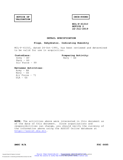 NAVY MIL-P-6131C VALID NOTICE 2-2019  Plugs, Dehydrator, Indicating Humidity