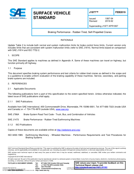 SAE J1977-2019  Braking Performance - Rubber-Tired, Self-Propelled Cranes