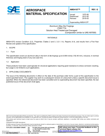 SAE AMS4107G-2018  Aluminum Alloy Die Forgings (7050-T74) Solution Heat Treated And Overaged (Uns A97050)