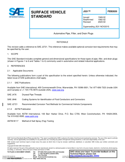 SAE J531-2020  Automotive Pipe, Filler, And Drain Plugs