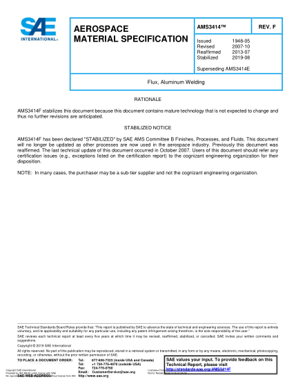 SAE AMS3414F-2019  Flux, Aluminum Welding