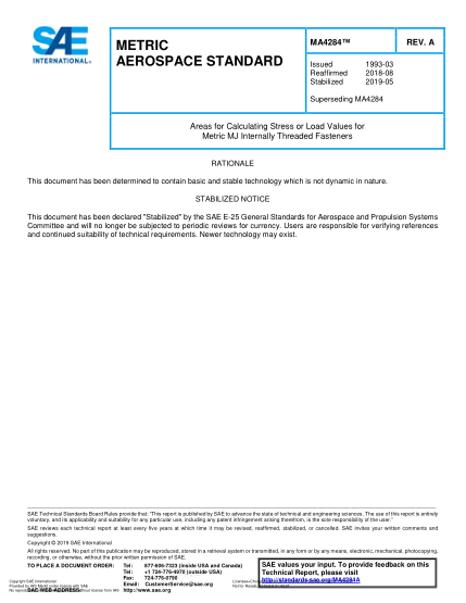 SAE MA4284A-2019  Areas For Calculating Stress Or Load Values For Metric Mj Internally Threaded Fasteners
