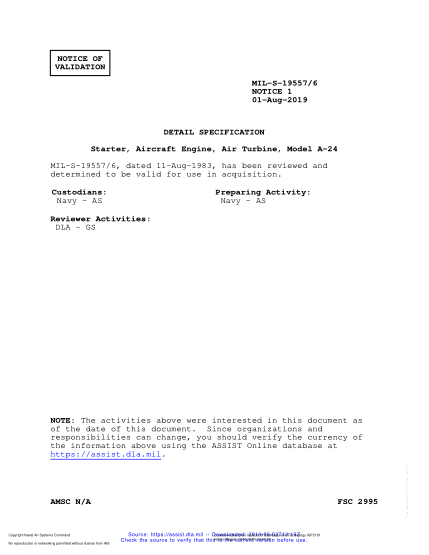 NAVY MIL-S-19557/6 VALID NOTICE 1-2019  Starter, Aircraft Engine, Air Turbine, Model A-24