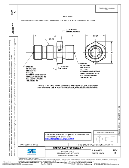 SAE AS1007K-2017  Fitting,Union,Standard And Reducer,Bulkhead,Flareless