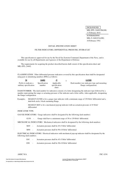 NAVY MIL-DTL-24402/5B-2014  Filter Indicators,Differential Pressure,Hydraulic
