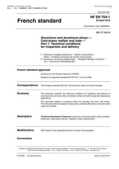 NF A50-610-1-2016   Aluminium and aluminium alloys - Cold drawn rod/bar and tube - Part 1 - technical conditions for inspection and delivery
