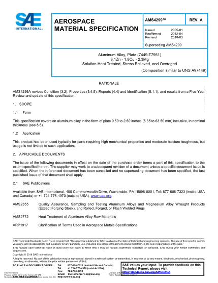 SAE AMS4299A-2018  Aluminum Alloy,Plate (7449-T7951) 8.1Zn - 1.8Cu - 2.3Mg Solution Heat Treated,Stress Relieved,And Overaged (Uns A97449)