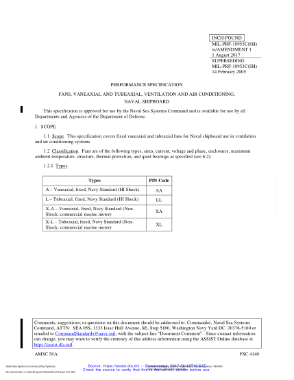 NAVY MIL-PRF-18953C (1)-2017  Fans, Vaneaxial And Tubeaxial, Ventilation And Air Conditioning, Naval Shipboard