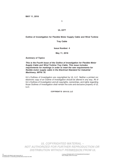 UL SUBJECT 2277-2018  UL Outline For Investigation Flexible Motor Supply Cable And Wind Turbine (Issue 4)