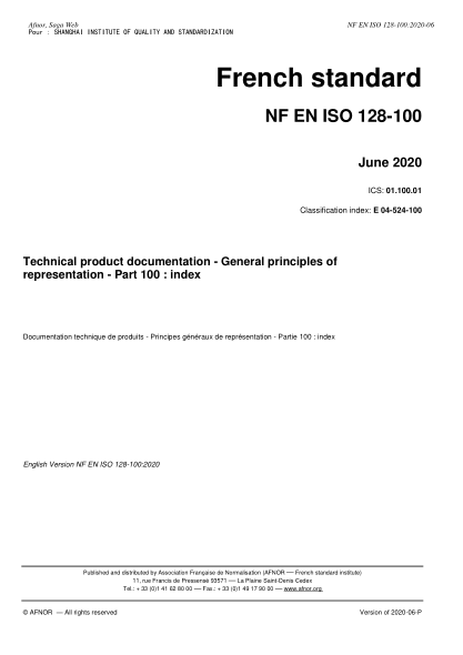 NF EN ISO 128-100-2020  Technical product documentation - General principles of representation - Part 100 : index