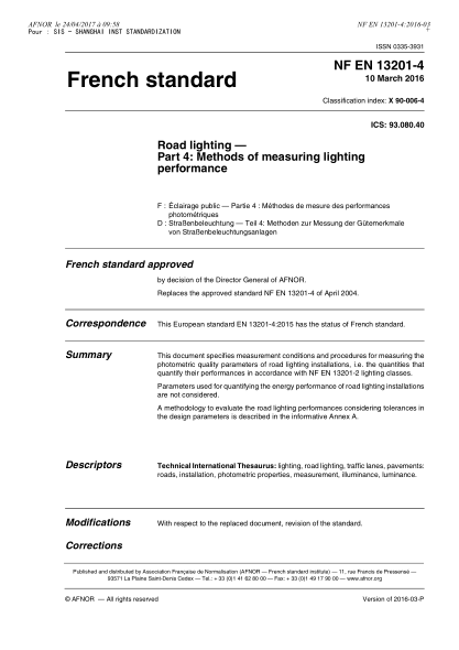 NF EN 13201-4-2016   Road lighting - Part 4 - methods of measuring lighting performance