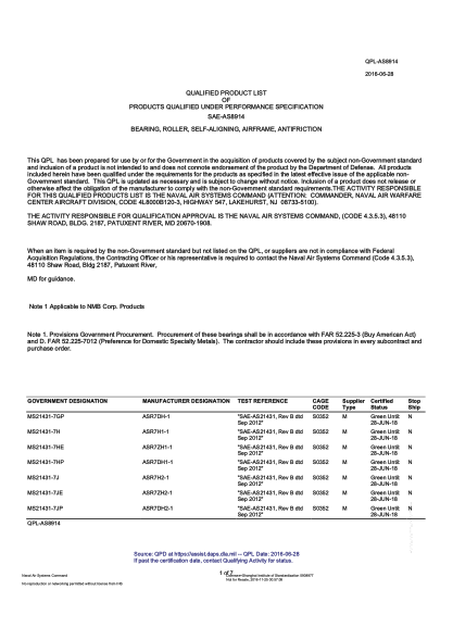 NAVY QPL-AS8914-2016  Bearing,Roller,Self-Aligning,Airframe,Antifriction