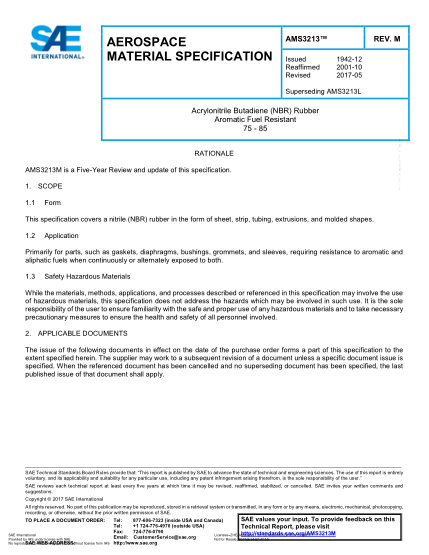 SAE AMS3213M-2017  Acrylonitrile Butadiene (Nbr) Rubber Aromatic Fuel Resistant 75 - 85