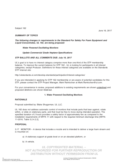 UL 162 BULLETIN-2017   UL Standard For Safety Foam Equipment And Liquid Concentrates (Comments Due: July 16, 2017)