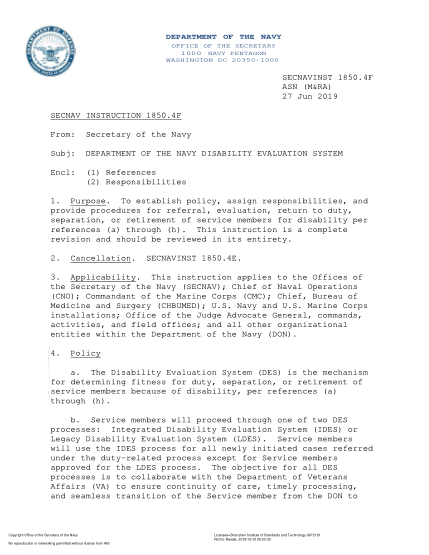 NIDS SECNAV 1850.4F-2019  (Asn (M&Ra)) Department Of The Navy Disability Evaluation System