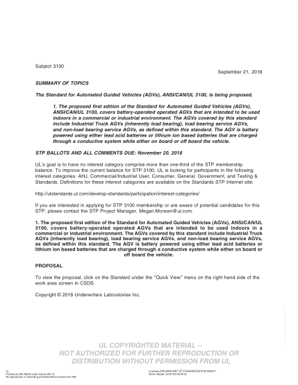 UL 3100 BULLETIN/2-2018  UL Outline For Investigation Automated Guides Vehicles (Agvs) (Comments Due: November 20, 2018)