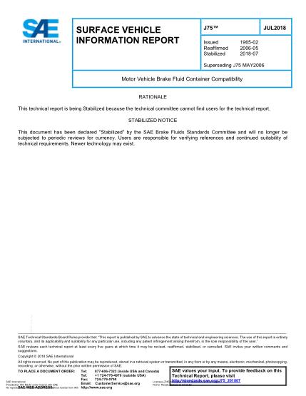 SAE J75-2018  Motor Vehicle Brake Fluid Container Compatibility