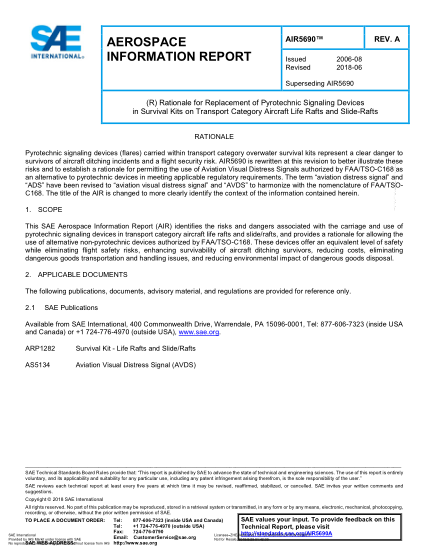SAE AIR5690A-2018  (R) Rationale For Replacement Of Pyrotechnic Signaling Devices In Survival Kits On Transport Category Aircraft Life Rafts And Slide-Rafts