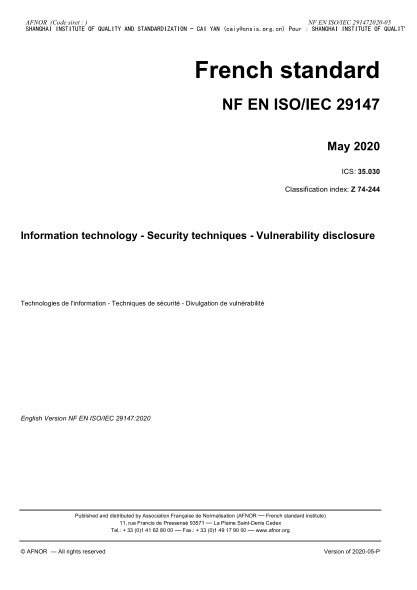 NF Z74-244-2020  Information technology - Security techniques - Vulnerability disclosure