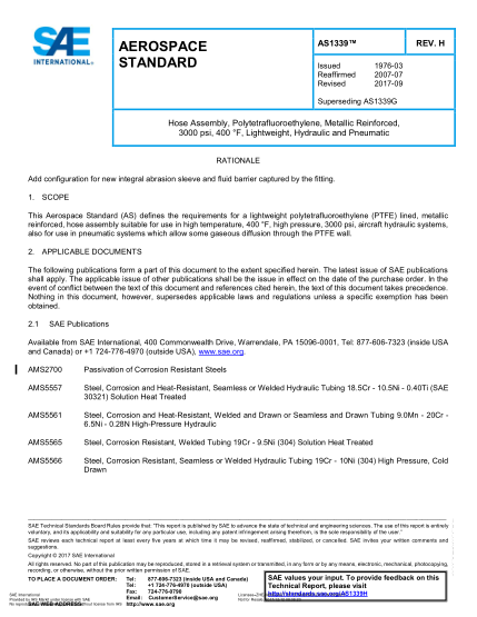 SAE AS1339H-2017  Hose Assembly, Polytetrafluoroethylene, Metallic Reinforced, 3000 Psi, 400 °F, Lightweight, Hydraulic And Pneumatic