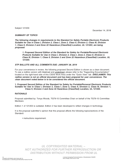 UL 121203 BULLETIN/2-2018  UL Standard For Safety Portable Electronic Products Suitable For Use In Class I And Ii, Division 2, Class I, Zone 2 And Class Iii, Division 1 And 2 Hazardous (Classified) Locations (Comments Due: January 28, 2019)