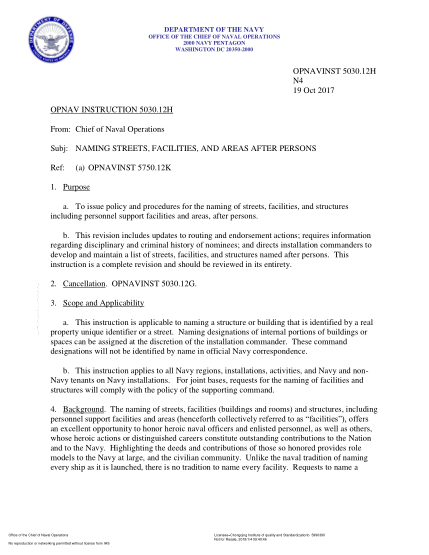 NIDS OPNAV 5030.12H-2017  (N4) Naming Streets,Facilities,And Areas After Persons