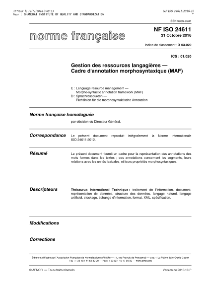 NF X03-020-2016   Language resource management - Morpho-syntactic annotation framework (MAF)