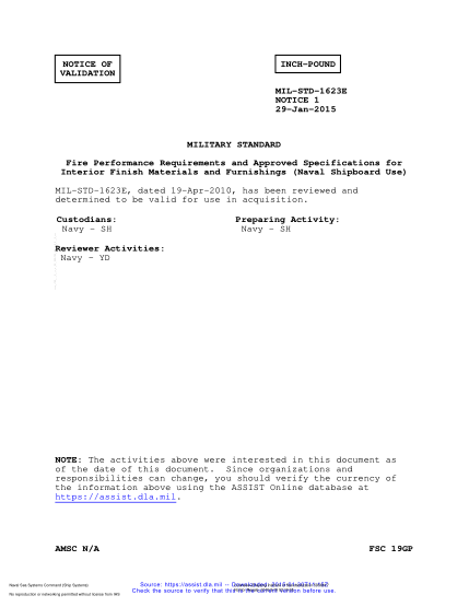 NAVY MIL-STD-1623E VALID NOTICE 1-2015  Fire Performance Requirements and Approved Specifications for Interior Finish Materials and Furnishings (Naval Shipboard Use)