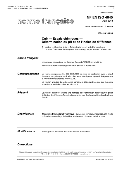 NF EN ISO 4045-2018  Leather - Chemical tests - Determination of pH and difference figure