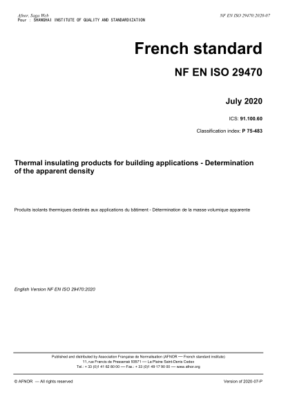 NF EN ISO 29470-2020  Thermal insulating products for building applications - Determination of the apparent density