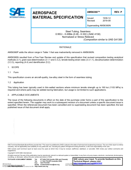 SAE AMS6360P-2018  Steel Tubing, Seamless 0.95Cr - 0.20Mo (0.28 - 0.33C) (Sae 4130) Normalized Or Stress Relieved (Uns G41300)