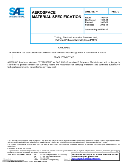 SAE AMS3653G-2018  Tubing, Electrical Insulation Standard Wall, Extruded Polytetrafluoroethylene (Ptfe)