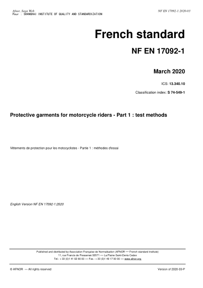 NF S74-549-1-2020  Protective garments for motorcycle riders - Part 1 : test methods