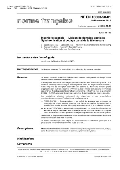 NF EN 16603-50-01-2016   Space engineering - Space data links - Telemetry synchronization and channel coding