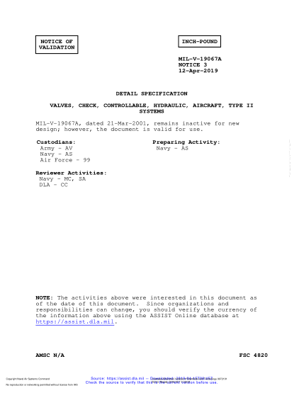 NAVY MIL-V-19067A VALID NOTICE 3-2019  Valves, Check, Controllable, Hydraulic, Aircraft, Type Ii Systems