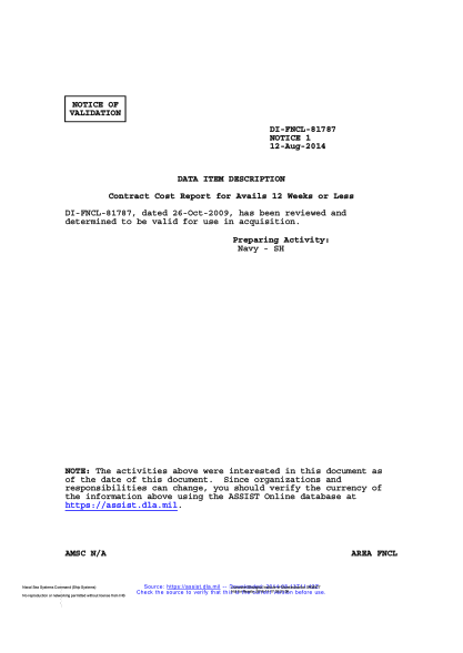 NAVY DI-FNCL-81787 VALID NOTICE 1-2014  Contract Cost Report for Avails 12 Weeks or Less