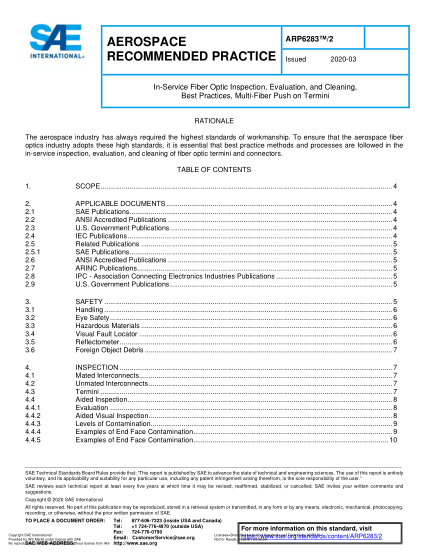 SAE ARP6283/2-2020  In-Service Fiber Optic Inspection, Evaluation, And Cleaning, Best Practices, Multi-Fiber Push On Termini