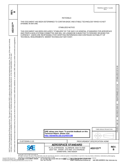 SAE AS3123B-2019  Plug, Expansion - Aluminum, 2024-T4 And 2024-T351, Short; Std And .010 Oversize Diameters, Uns A92024