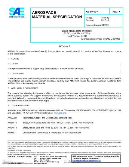 SAE AMS4612K-2017  Brass,Naval,Bars And Rods 60.5Cu - 38.5Zn - 0.75Sn Hard Temper (H04) (Uns C46400)
