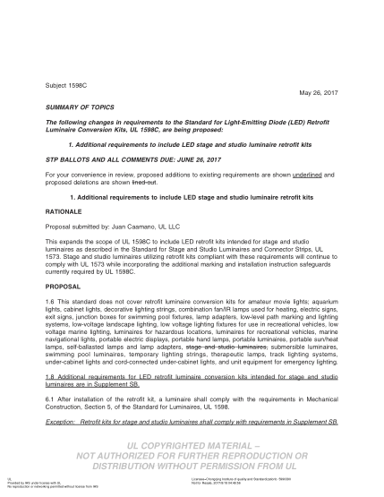 UL 1598C BULLETIN-2017   Ul Standard For Safety Light-Emitting Diode (Led) Retrofit Luminaire Conversion Kits (Comments Due: June 26, 2017)