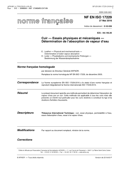 NF G52-036-2016   Leather - Physical and mechanical tests - Determination of water vapour absorption