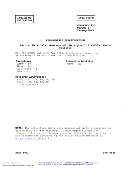 NAVY MIL-PRF-121G VALID NOTICE 1-2019  Barrier Materials, Greaseproof, Waterproof, Flexible, Heat- Sealable