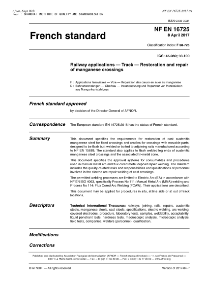 NF F58-725-2017   Railway applications-Track-Restoration and repair of manganese crossings