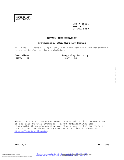NAVY MIL-P-85121 VALID NOTICE 2-2019  Projectiles, 20Mm Mark 100 Series