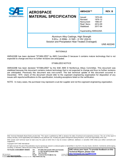 SAE AMS4226B-2017  Aluminum Alloy Castings,High Strength 5.0Cu - 0.35Mn - 0.18Zr - 0.10V (224.0) Solution And Precipitation Heat Treated (Overaged) (Uns A02240)